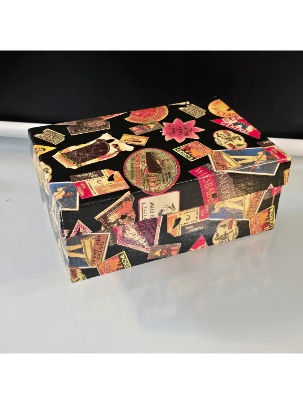 Decorative Storage Box Vintage Travel Labels Collage #1
